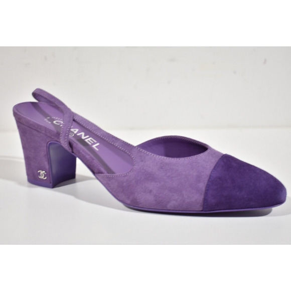 Chanel 23S Mademoiselle Coco Sling Purple Suede Slingback Sandal Block Heel 40.5 - Picture 2 of 11